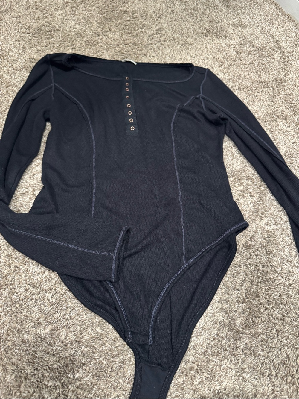 Free People Black Long Sleeve Henley Bodysuit